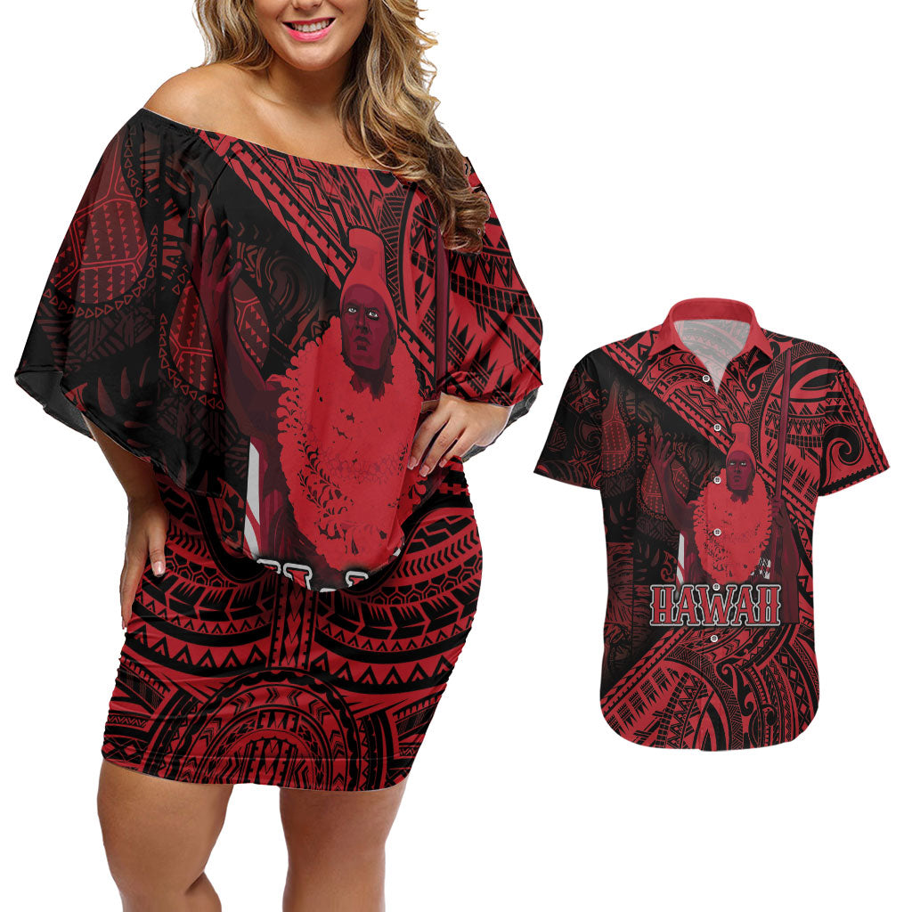 Hawaii King Kamehameha Couples Matching Off Shoulder Short Dress and Hawaiian Shirt With Hawaiian Ipu Motifs Red Version LT05 Red - Polynesian Pride