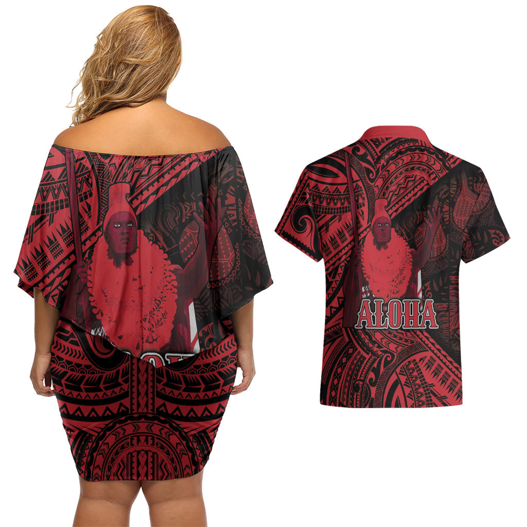 Hawaii King Kamehameha Couples Matching Off Shoulder Short Dress and Hawaiian Shirt With Hawaiian Ipu Motifs Red Version LT05 - Polynesian Pride