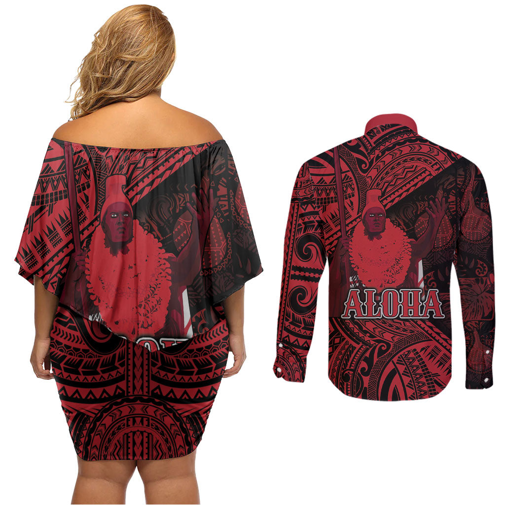 Hawaii King Kamehameha Couples Matching Off Shoulder Short Dress and Long Sleeve Button Shirt With Hawaiian Ipu Motifs Red Version LT05 - Polynesian Pride