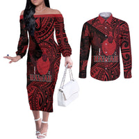 Hawaii King Kamehameha Couples Matching Off The Shoulder Long Sleeve Dress and Long Sleeve Button Shirt With Hawaiian Ipu Motifs Red Version LT05 Red - Polynesian Pride