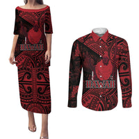 Hawaii King Kamehameha Couples Matching Puletasi and Long Sleeve Button Shirt With Hawaiian Ipu Motifs Red Version