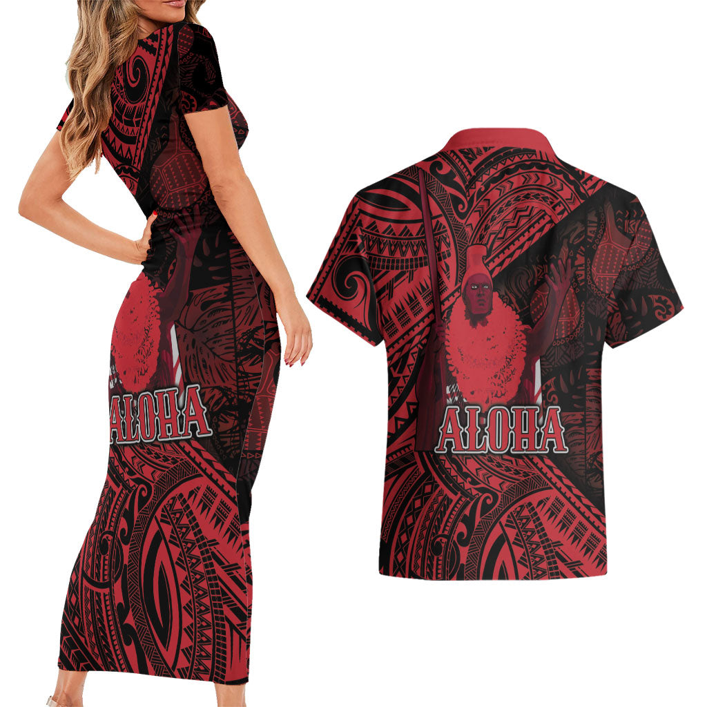 Hawaii King Kamehameha Couples Matching Short Sleeve Bodycon Dress and Hawaiian Shirt With Hawaiian Ipu Motifs Red Version LT05 - Polynesian Pride