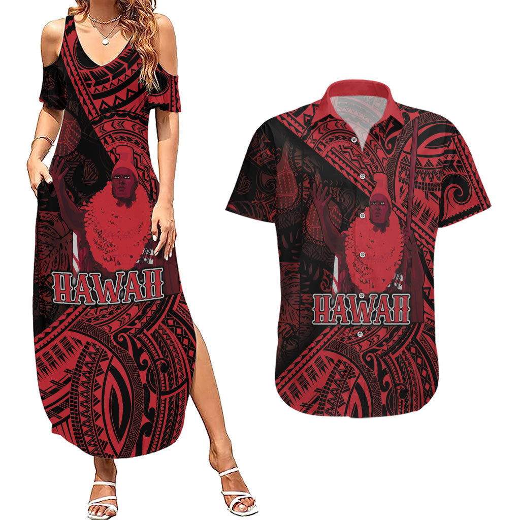 Hawaii King Kamehameha Couples Matching Summer Maxi Dress and Hawaiian Shirt With Hawaiian Ipu Motifs Red Version LT05 Red - Polynesian Pride