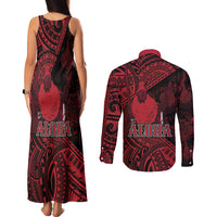 Hawaii King Kamehameha Couples Matching Tank Maxi Dress and Long Sleeve Button Shirt With Hawaiian Ipu Motifs Red Version LT05 - Polynesian Pride