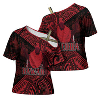 Hawaii King Kamehameha Cross Shoulder Shirt With Hawaiian Ipu Motifs Red Version