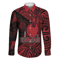 Hawaii King Kamehameha Family Matching Long Sleeve Bodycon Dress and Hawaiian Shirt With Hawaiian Ipu Motifs Red Version LT05 Dad's Shirt - Long Sleeve Red - Polynesian Pride