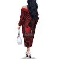 Hawaii King Kamehameha Family Matching Off The Shoulder Long Sleeve Dress and Hawaiian Shirt With Hawaiian Ipu Motifs Red Version LT05 - Polynesian Pride