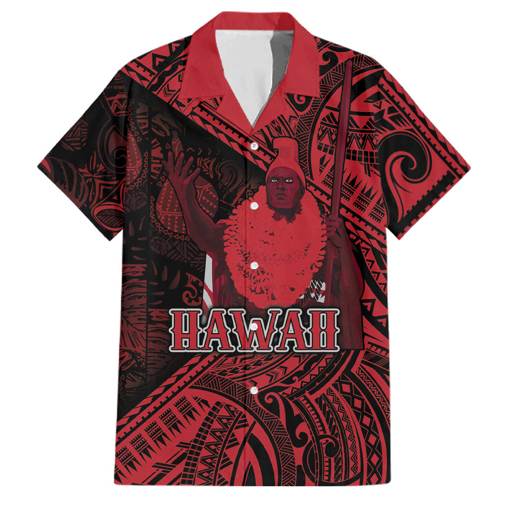 Hawaii King Kamehameha Family Matching Off Shoulder Maxi Dress and Hawaiian Shirt With Hawaiian Ipu Motifs Red Version LT05 Dad's Shirt - Short Sleeve Red - Polynesian Pride