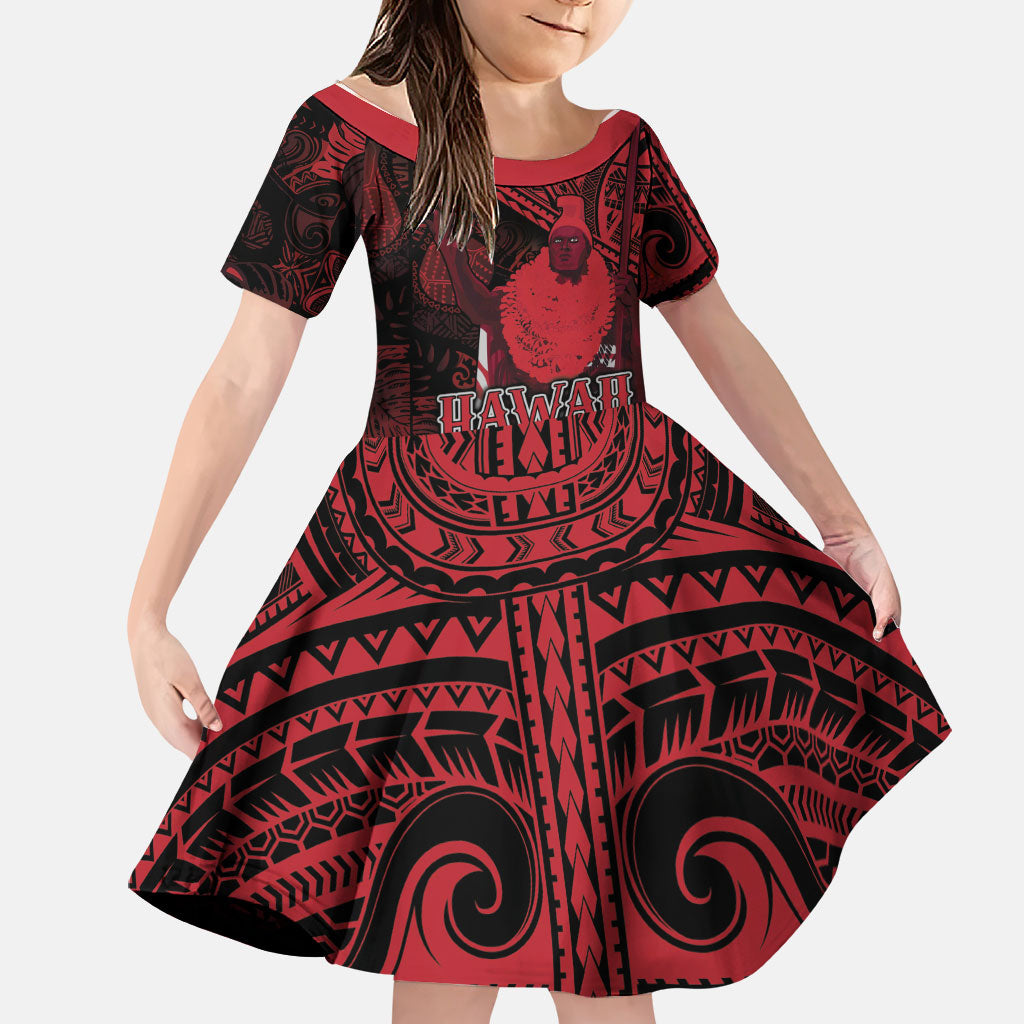 Hawaii King Kamehameha Family Matching Off Shoulder Short Dress and Hawaiian Shirt With Hawaiian Ipu Motifs Red Version LT05 Daughter's Dress Red - Polynesian Pride