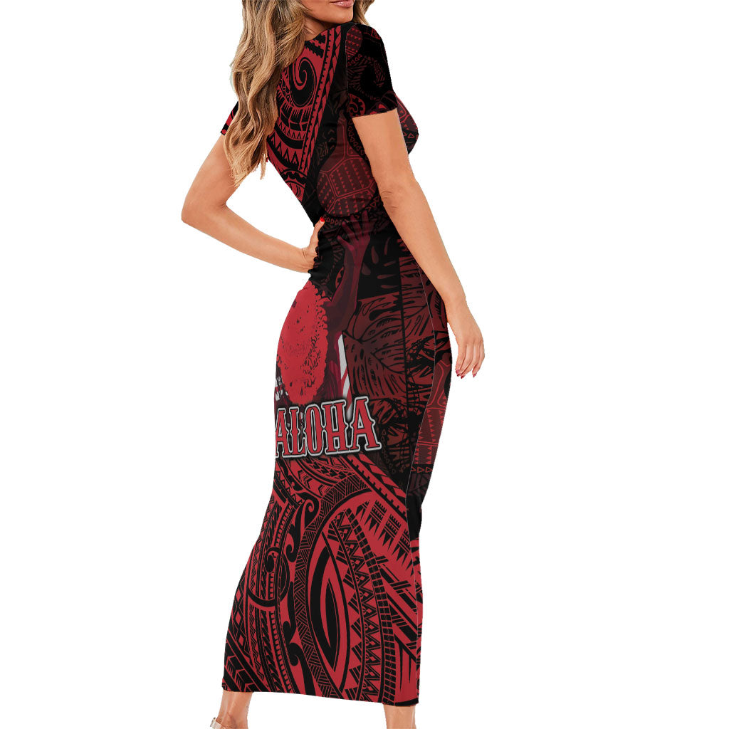 Hawaii King Kamehameha Family Matching Short Sleeve Bodycon Dress and Hawaiian Shirt With Hawaiian Ipu Motifs Red Version LT05 - Polynesian Pride