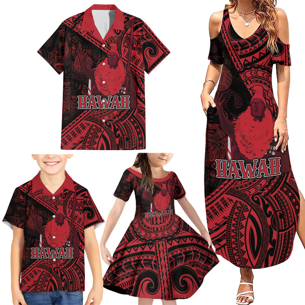 Hawaii King Kamehameha Family Matching Summer Maxi Dress and Hawaiian Shirt With Hawaiian Ipu Motifs Red Version LT05 - Polynesian Pride