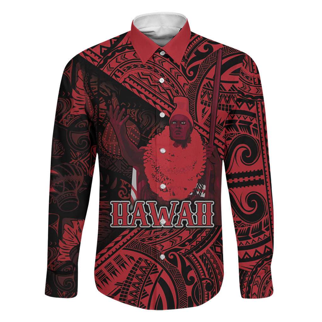Hawaii King Kamehameha Family Matching Summer Maxi Dress and Hawaiian Shirt With Hawaiian Ipu Motifs Red Version LT05 Dad's Shirt - Long Sleeve Red - Polynesian Pride