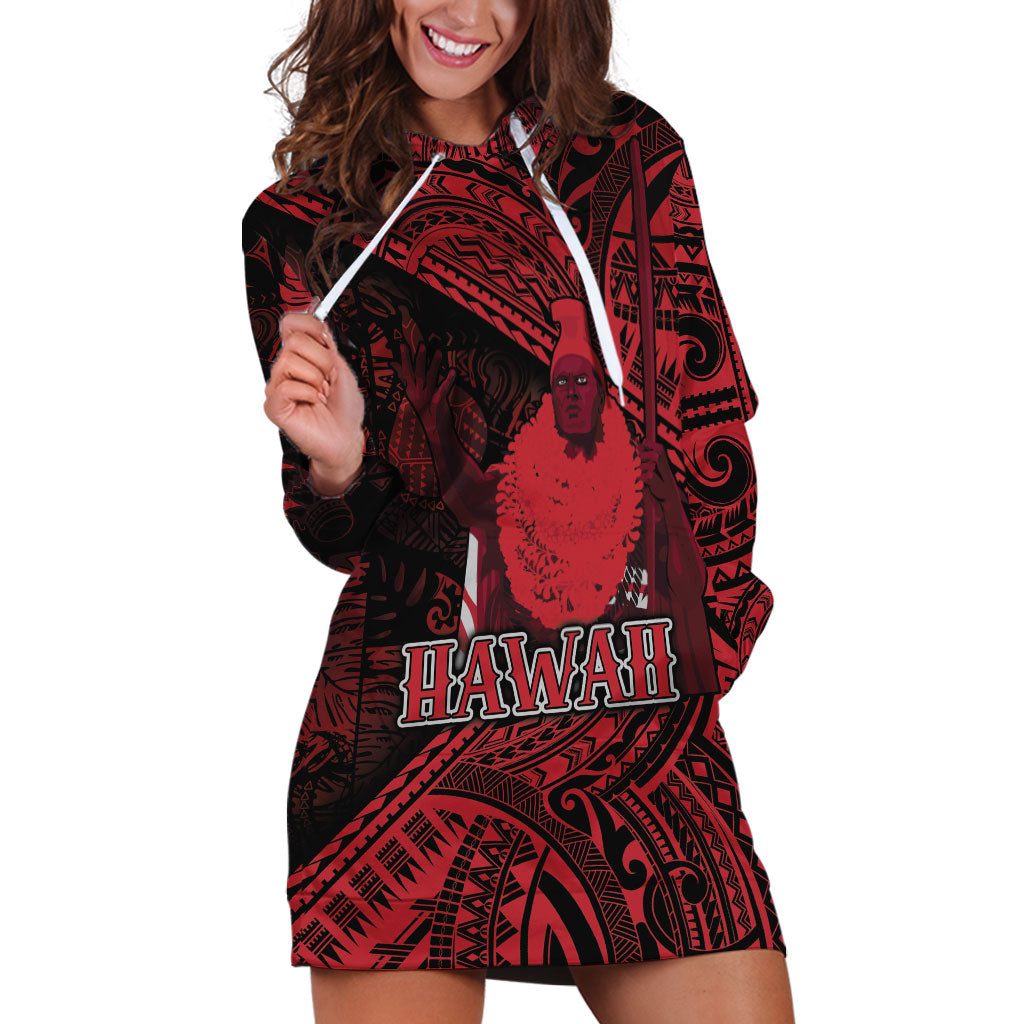 Hawaii King Kamehameha Hoodie Dress With Hawaiian Ipu Motifs Red Version LT05 Red - Polynesian Pride