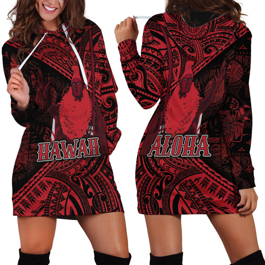 Hawaii King Kamehameha Hoodie Dress With Hawaiian Ipu Motifs Red Version LT05 - Polynesian Pride