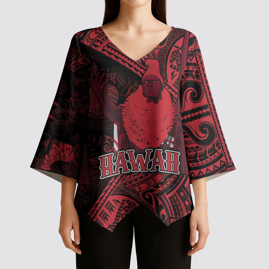 Hawaii King Kamehameha Kimono Sleeve Blouse With Hawaiian Ipu Motifs Red Version