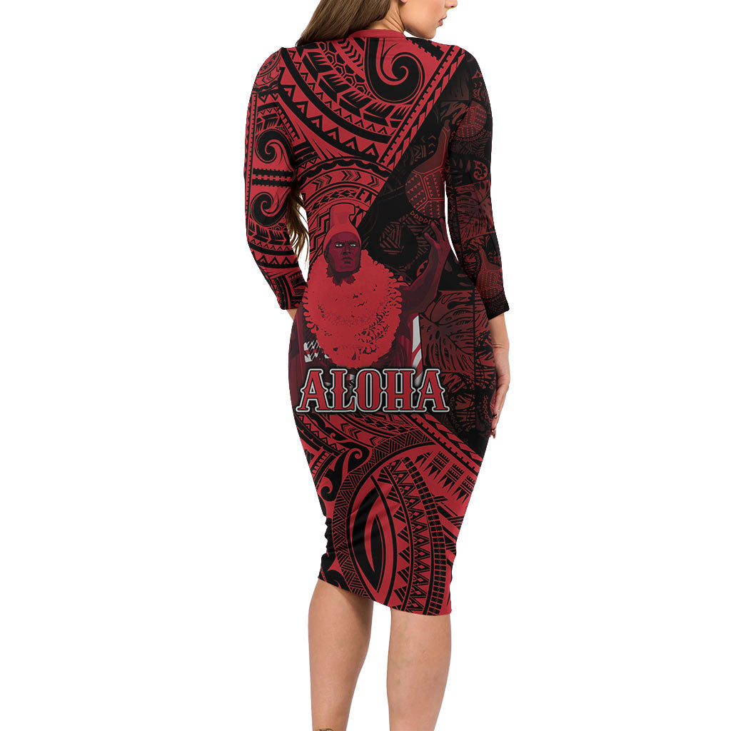 Hawaii King Kamehameha Long Sleeve Bodycon Dress With Hawaiian Ipu Motifs Red Version