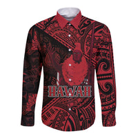 Hawaii King Kamehameha Long Sleeve Button Shirt With Hawaiian Ipu Motifs Red Version