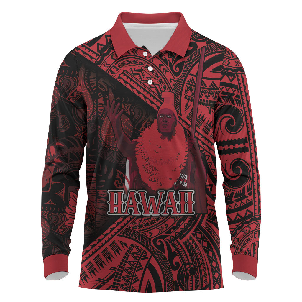 Hawaii King Kamehameha Long Sleeve Polo Shirt With Hawaiian Ipu Motifs Red Version