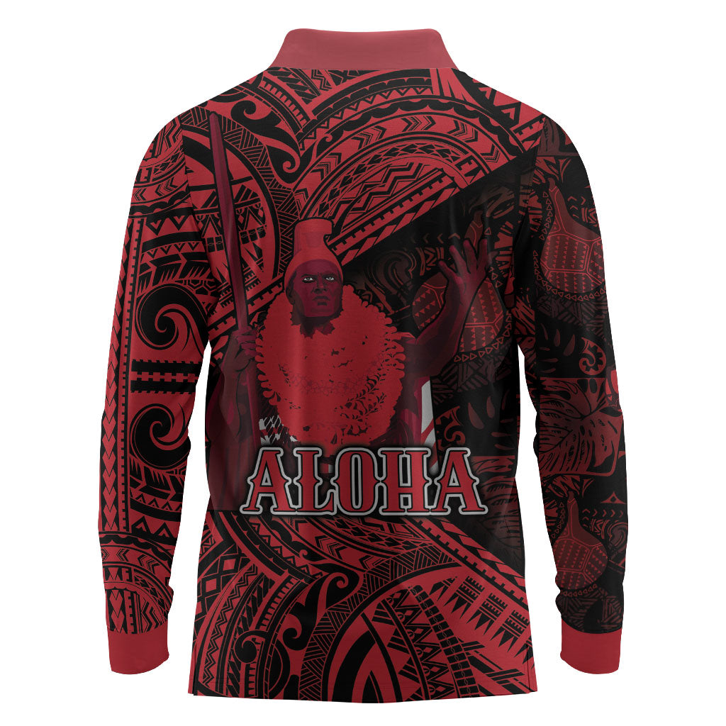 Hawaii King Kamehameha Long Sleeve Polo Shirt With Hawaiian Ipu Motifs Red Version