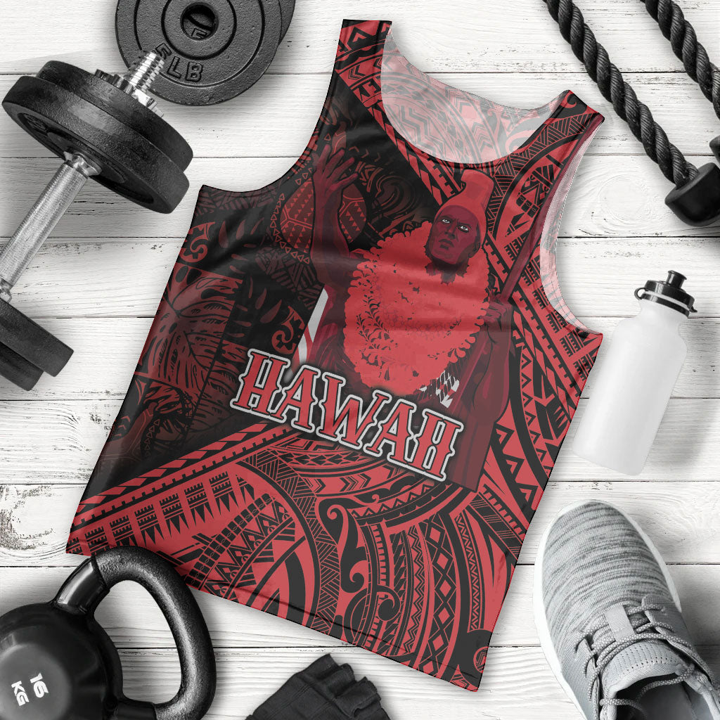 Hawaii King Kamehameha Men Tank Top With Hawaiian Ipu Motifs Red Version
