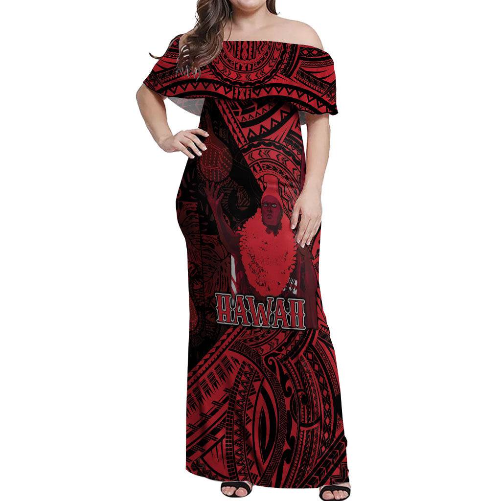 Hawaii King Kamehameha Off Shoulder Maxi Dress With Hawaiian Ipu Motifs Red Version LT05 Women Red - Polynesian Pride