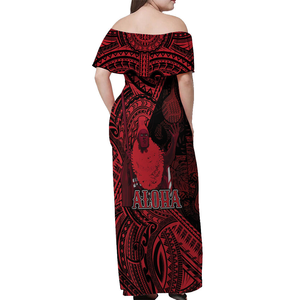 Hawaii King Kamehameha Off Shoulder Maxi Dress With Hawaiian Ipu Motifs Red Version LT05 - Polynesian Pride