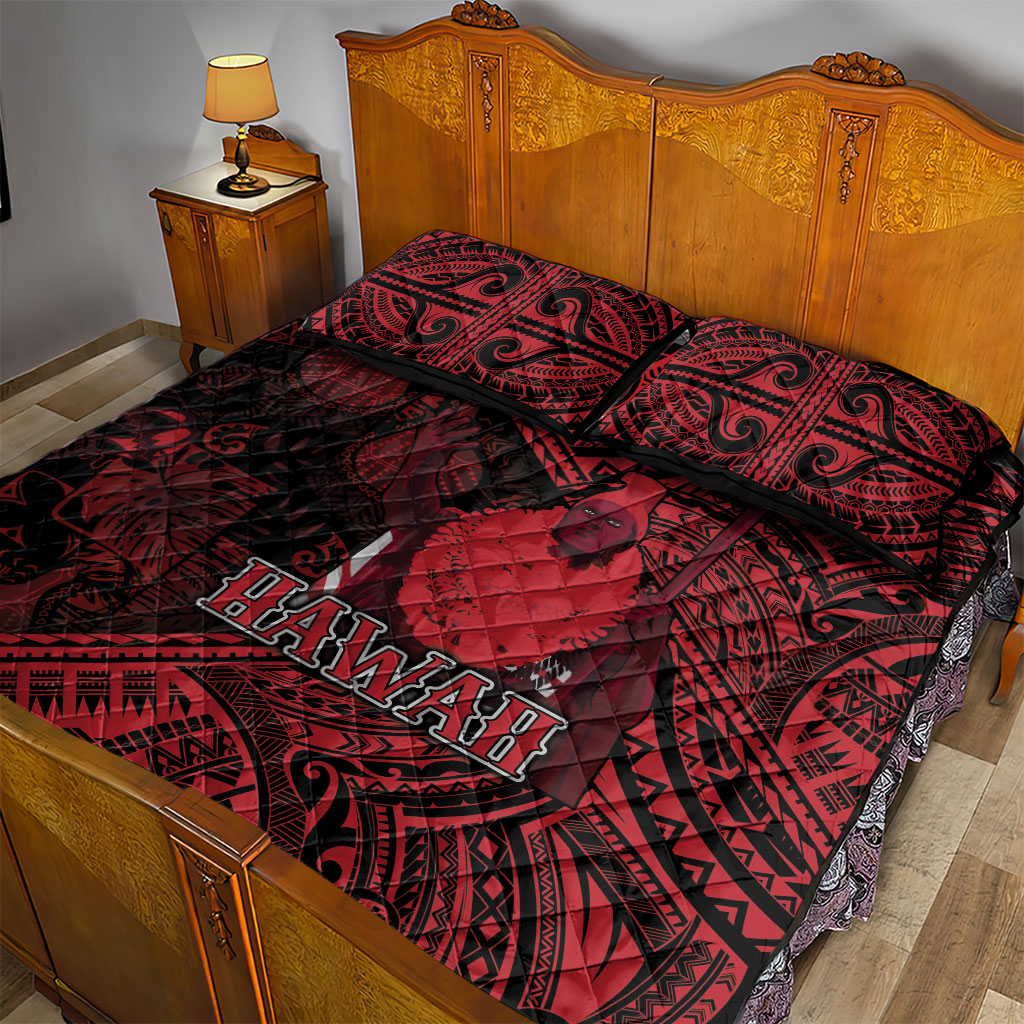 Hawaii King Kamehameha Quilt Bed Set With Hawaiian Ipu Motifs Red Version