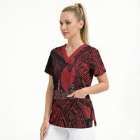 Hawaii King Kamehameha Scrub Top With Hawaiian Ipu Motifs Red Version