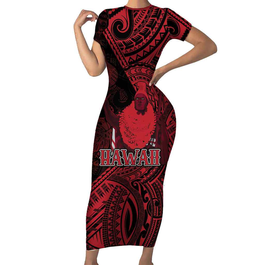 Hawaii King Kamehameha Short Sleeve Bodycon Dress With Hawaiian Ipu Motifs Red Version