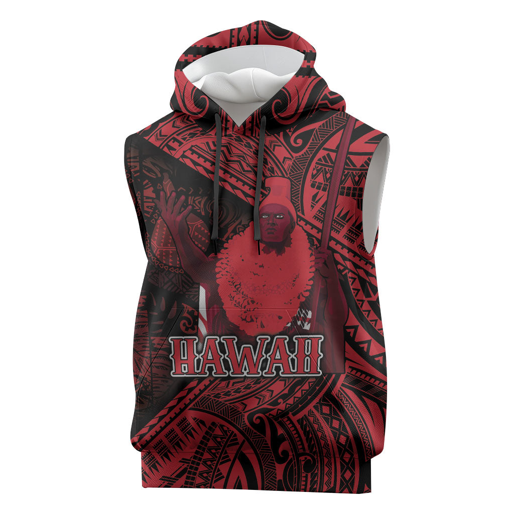 Hawaii King Kamehameha Sleeveless Hoodie With Hawaiian Ipu Motifs Red Version