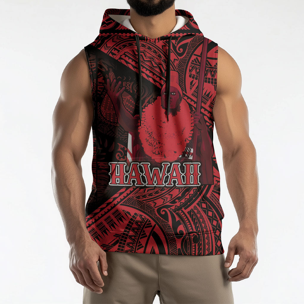 Hawaii King Kamehameha Sleeveless Hoodie With Hawaiian Ipu Motifs Red Version