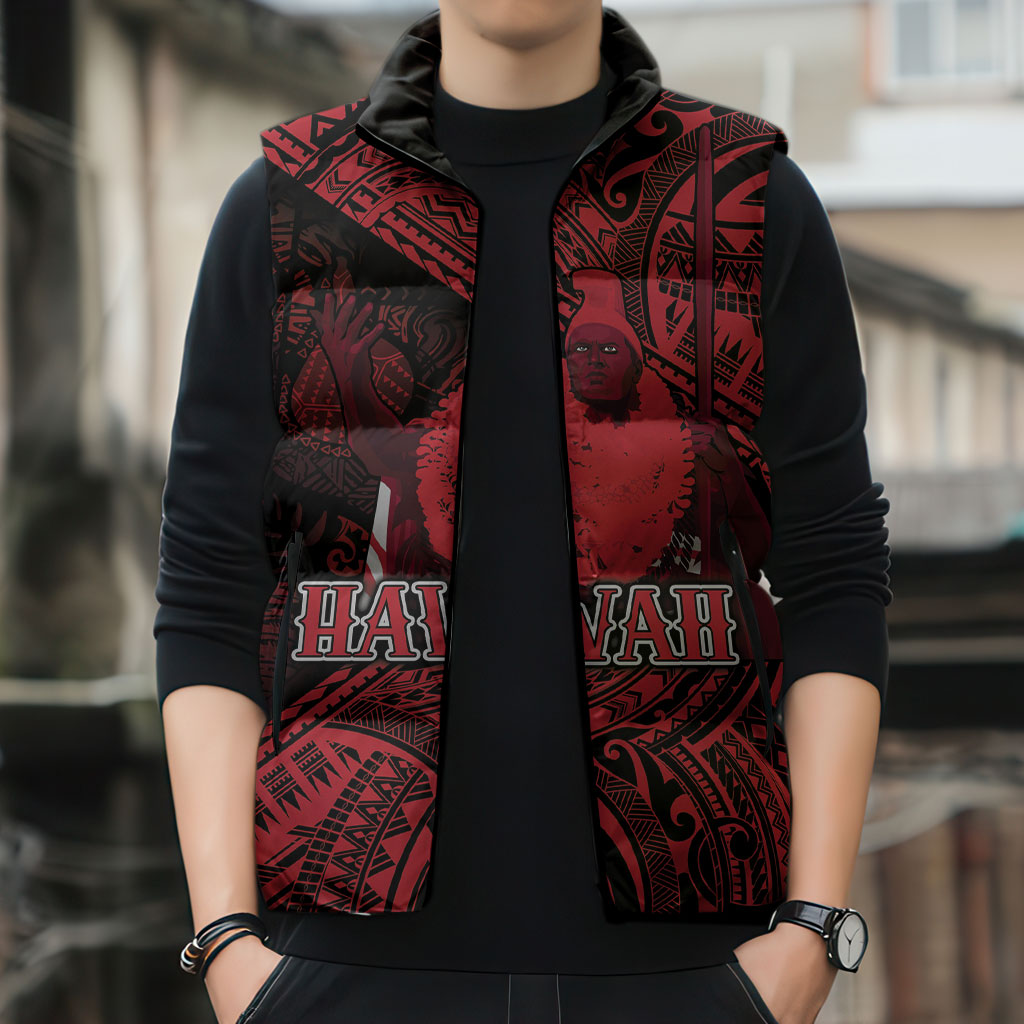 Hawaii King Kamehameha Sleeveless Puffer Jacket With Hawaiian Ipu Motifs Red Version