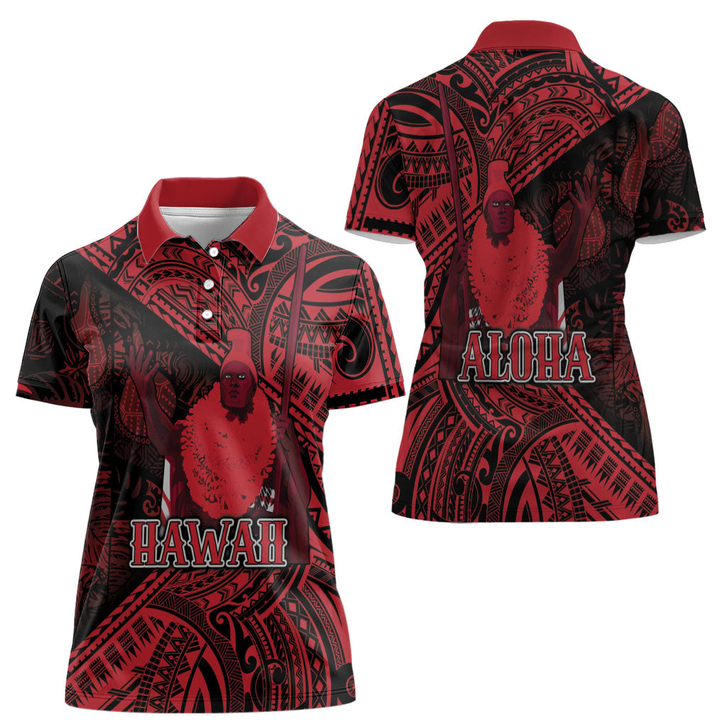 Hawaii King Kamehameha Women Polo Shirt With Hawaiian Ipu Motifs Red Version LT05 - Polynesian Pride