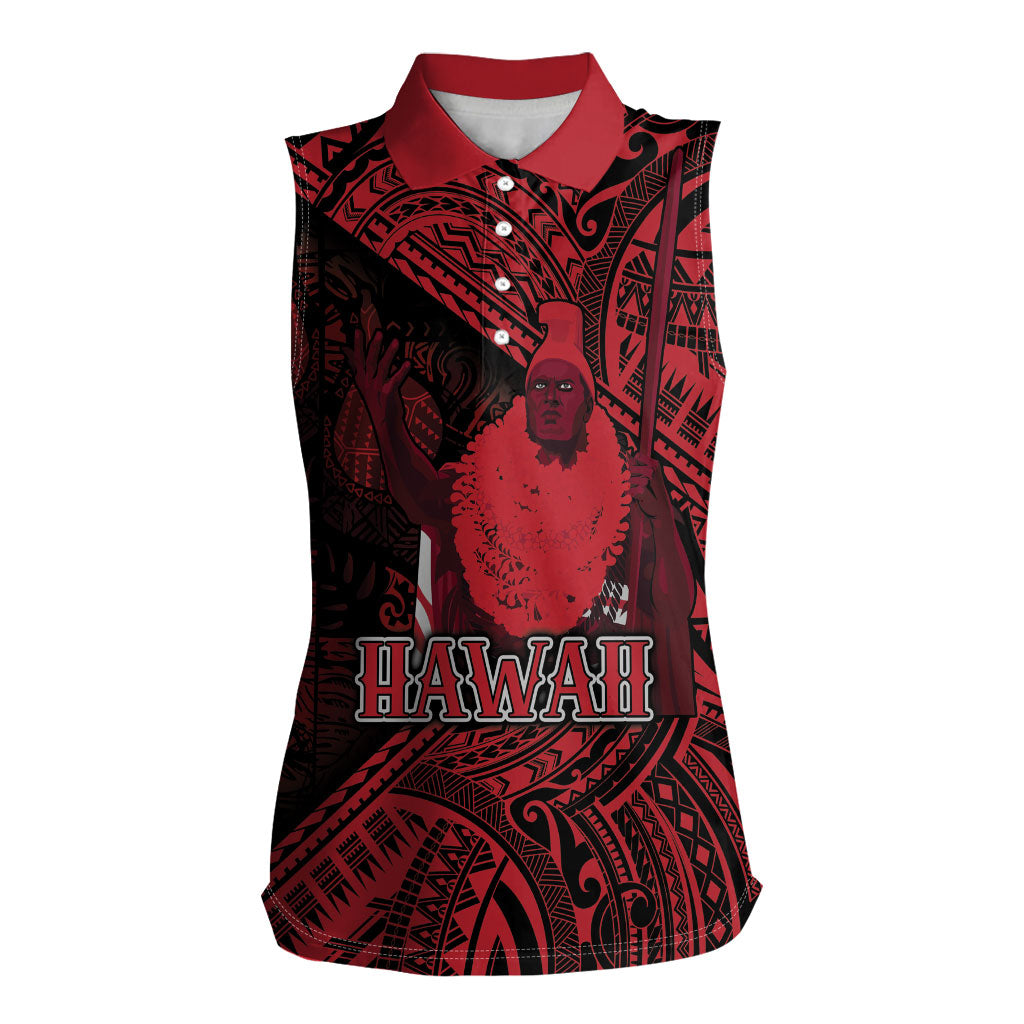 Hawaii King Kamehameha Women Sleeveless Polo Shirt With Hawaiian Ipu Motifs Red Version