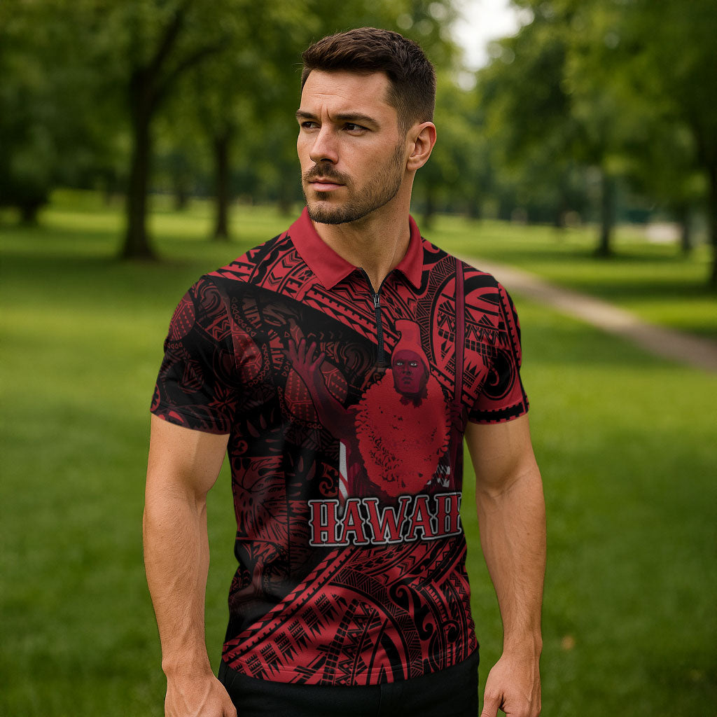 Hawaii King Kamehameha Zipper Polo Shirt With Hawaiian Ipu Motifs Red Version