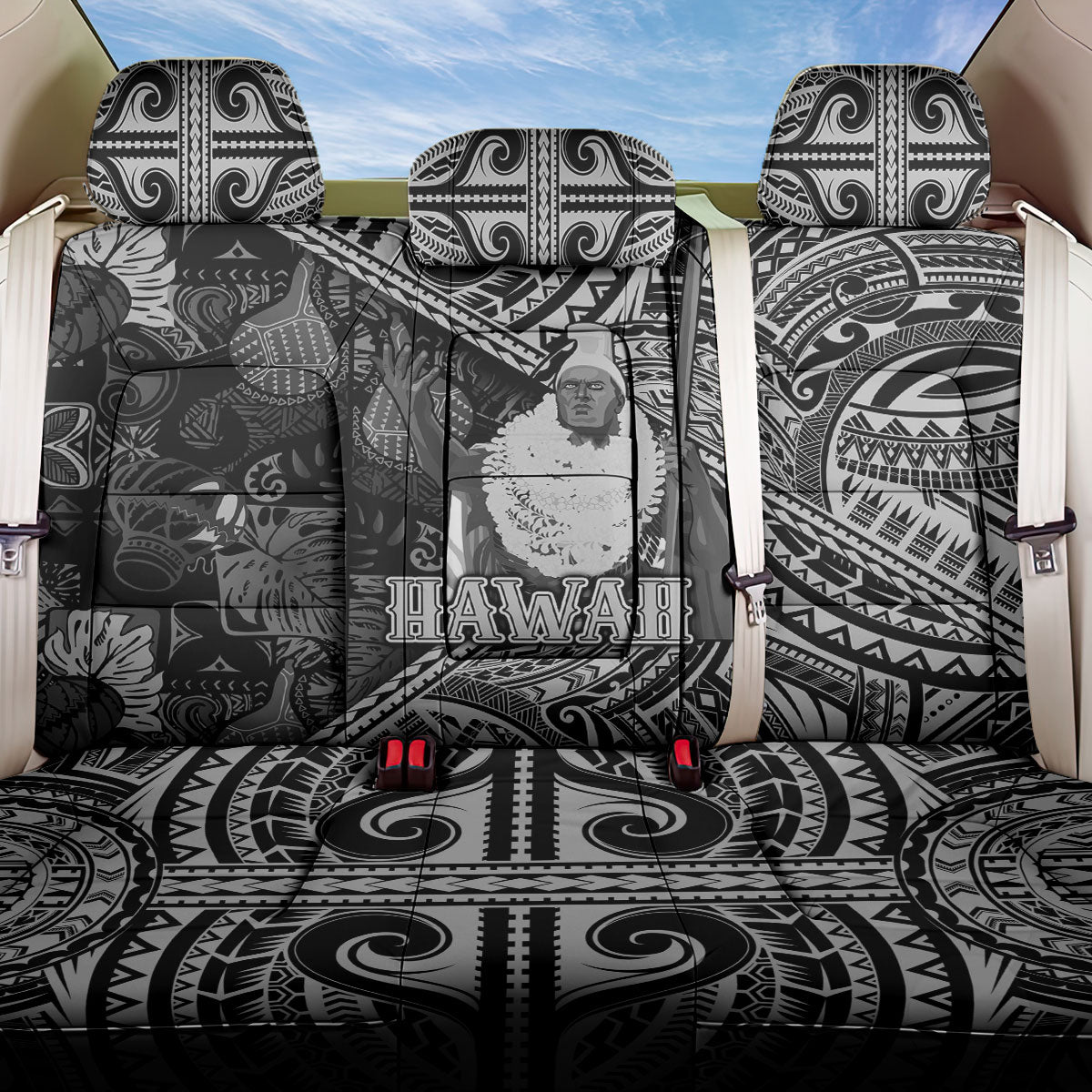 Hawaii King Kamehameha Back Car Seat Cover With Hawaiian Ipu Motifs Black Version