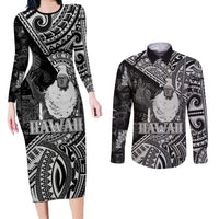 Hawaii King Kamehameha Couples Matching Long Sleeve Bodycon Dress and Long Sleeve Button Shirt With Hawaiian Ipu Motifs Black Version LT05 Black - Polynesian Pride