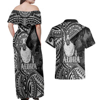 Hawaii King Kamehameha Couples Matching Off Shoulder Maxi Dress and Hawaiian Shirt With Hawaiian Ipu Motifs Black Version LT05 - Polynesian Pride
