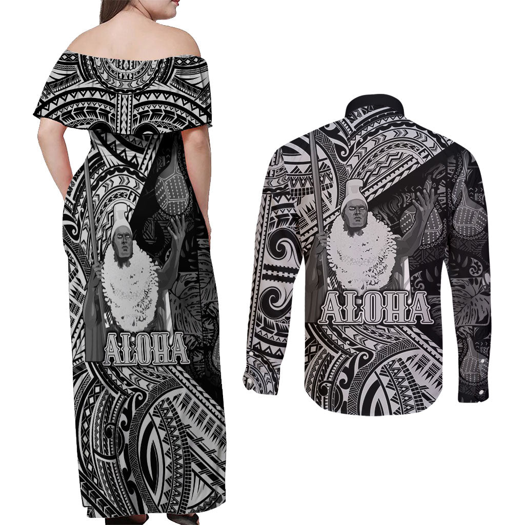 Hawaii King Kamehameha Couples Matching Off Shoulder Maxi Dress and Long Sleeve Button Shirt With Hawaiian Ipu Motifs Black Version LT05 - Polynesian Pride