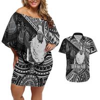 Hawaii King Kamehameha Couples Matching Off Shoulder Short Dress and Hawaiian Shirt With Hawaiian Ipu Motifs Black Version LT05 Black - Polynesian Pride