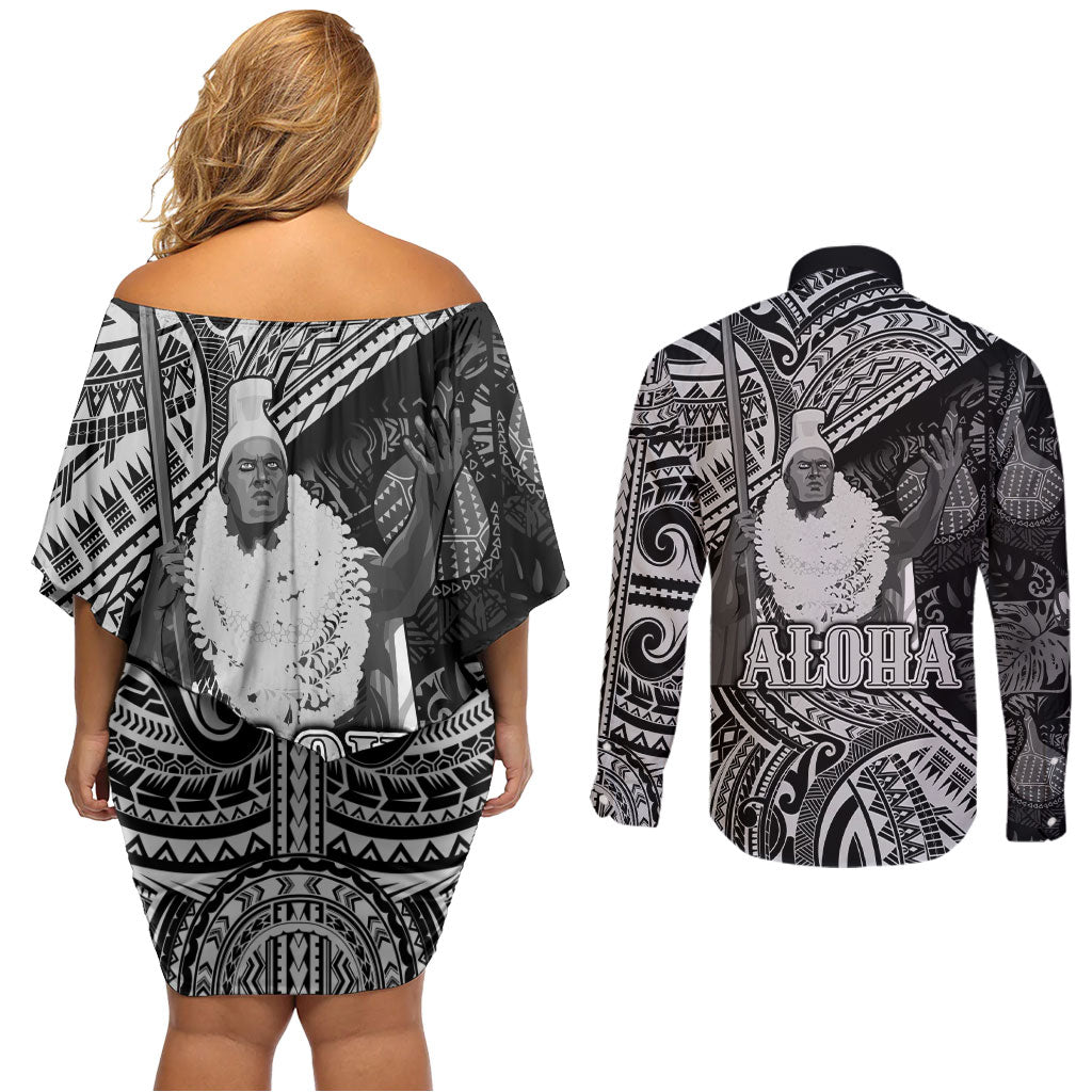 Hawaii King Kamehameha Couples Matching Off Shoulder Short Dress and Long Sleeve Button Shirt With Hawaiian Ipu Motifs Black Version LT05 - Polynesian Pride