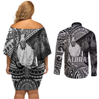Hawaii King Kamehameha Couples Matching Off Shoulder Short Dress and Long Sleeve Button Shirt With Hawaiian Ipu Motifs Black Version LT05 - Polynesian Pride