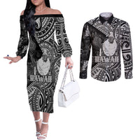 Hawaii King Kamehameha Couples Matching Off The Shoulder Long Sleeve Dress and Long Sleeve Button Shirt With Hawaiian Ipu Motifs Black Version LT05 Black - Polynesian Pride