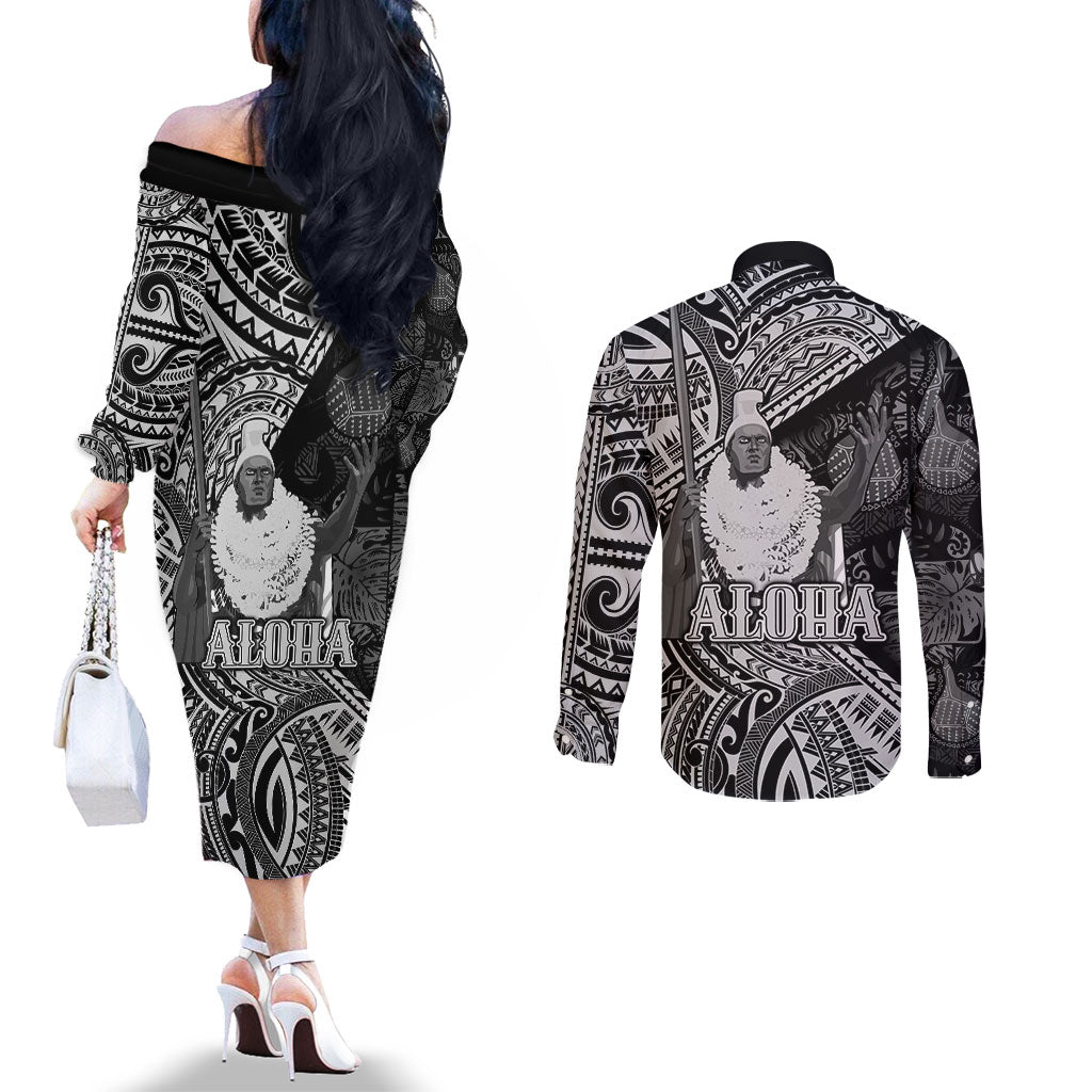 Hawaii King Kamehameha Couples Matching Off The Shoulder Long Sleeve Dress and Long Sleeve Button Shirt With Hawaiian Ipu Motifs Black Version LT05 - Polynesian Pride