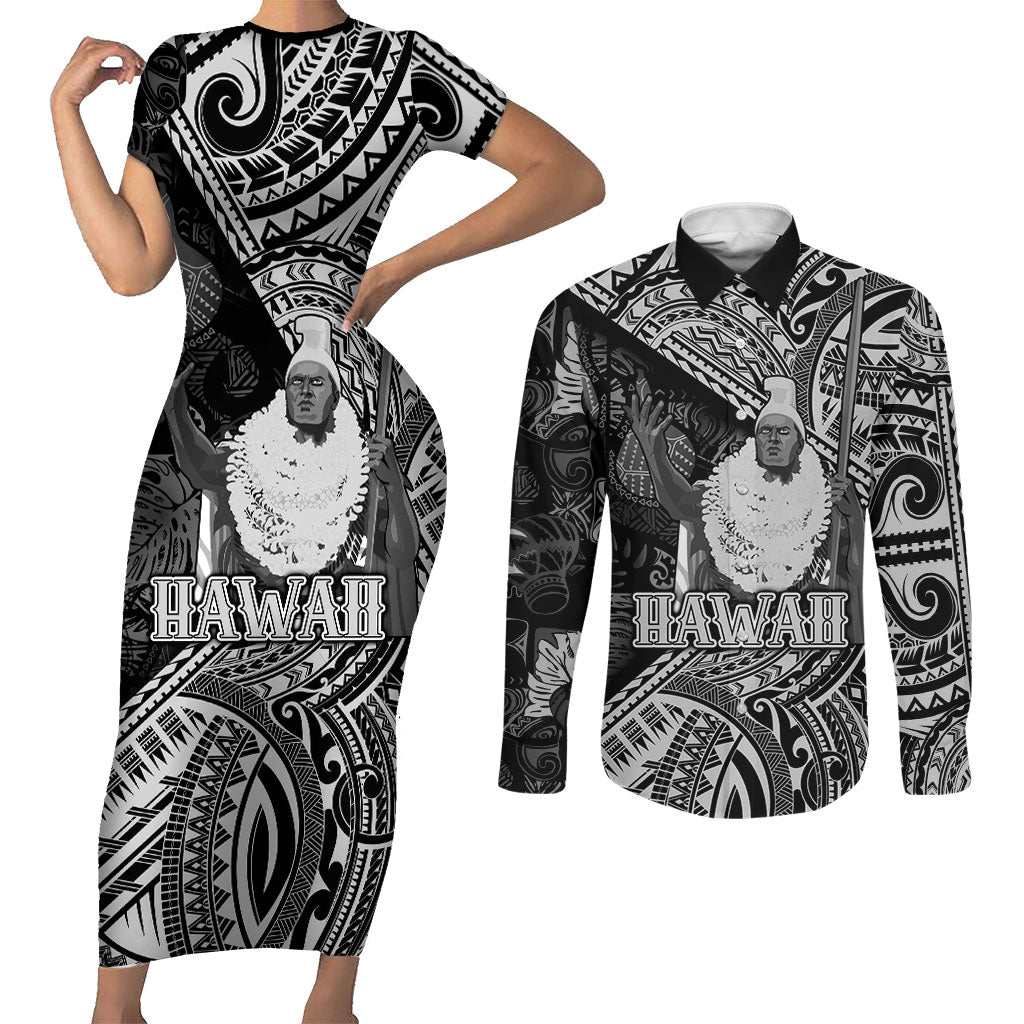 Hawaii King Kamehameha Couples Matching Short Sleeve Bodycon Dress and Long Sleeve Button Shirt With Hawaiian Ipu Motifs Black Version LT05 Black - Polynesian Pride