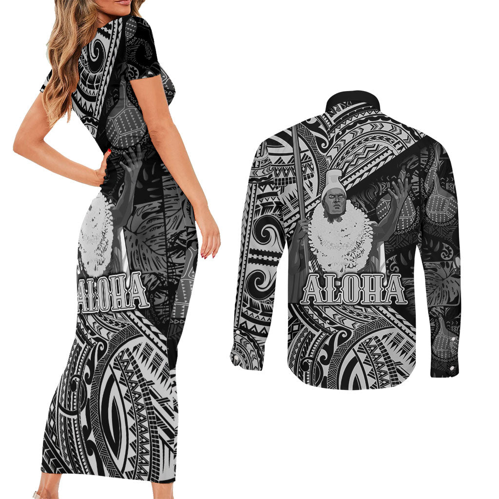 Hawaii King Kamehameha Couples Matching Short Sleeve Bodycon Dress and Long Sleeve Button Shirt With Hawaiian Ipu Motifs Black Version LT05 - Polynesian Pride