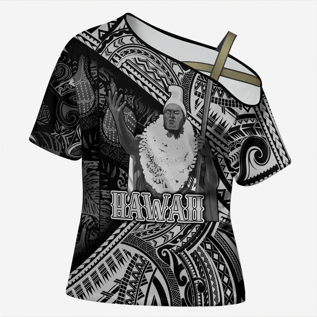 Hawaii King Kamehameha Cross Shoulder Shirt With Hawaiian Ipu Motifs Black Version