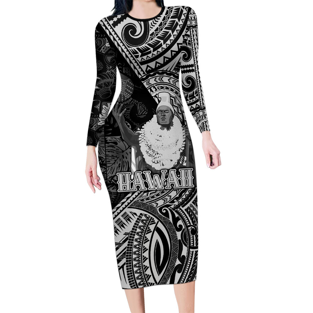 Hawaii King Kamehameha Family Matching Long Sleeve Bodycon Dress and Hawaiian Shirt With Hawaiian Ipu Motifs Black Version LT05 Mom's Dress Black - Polynesian Pride