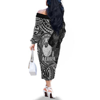 Hawaii King Kamehameha Family Matching Off The Shoulder Long Sleeve Dress and Hawaiian Shirt With Hawaiian Ipu Motifs Black Version LT05 - Polynesian Pride