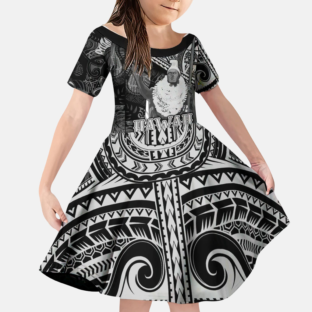 Hawaii King Kamehameha Family Matching Off Shoulder Maxi Dress and Hawaiian Shirt With Hawaiian Ipu Motifs Black Version LT05 Daughter's Dress Black - Polynesian Pride